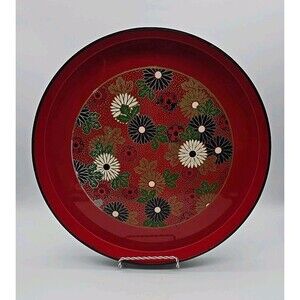 Vintage Round Red Lacquer Plastic Serving Tray Boho Flowers